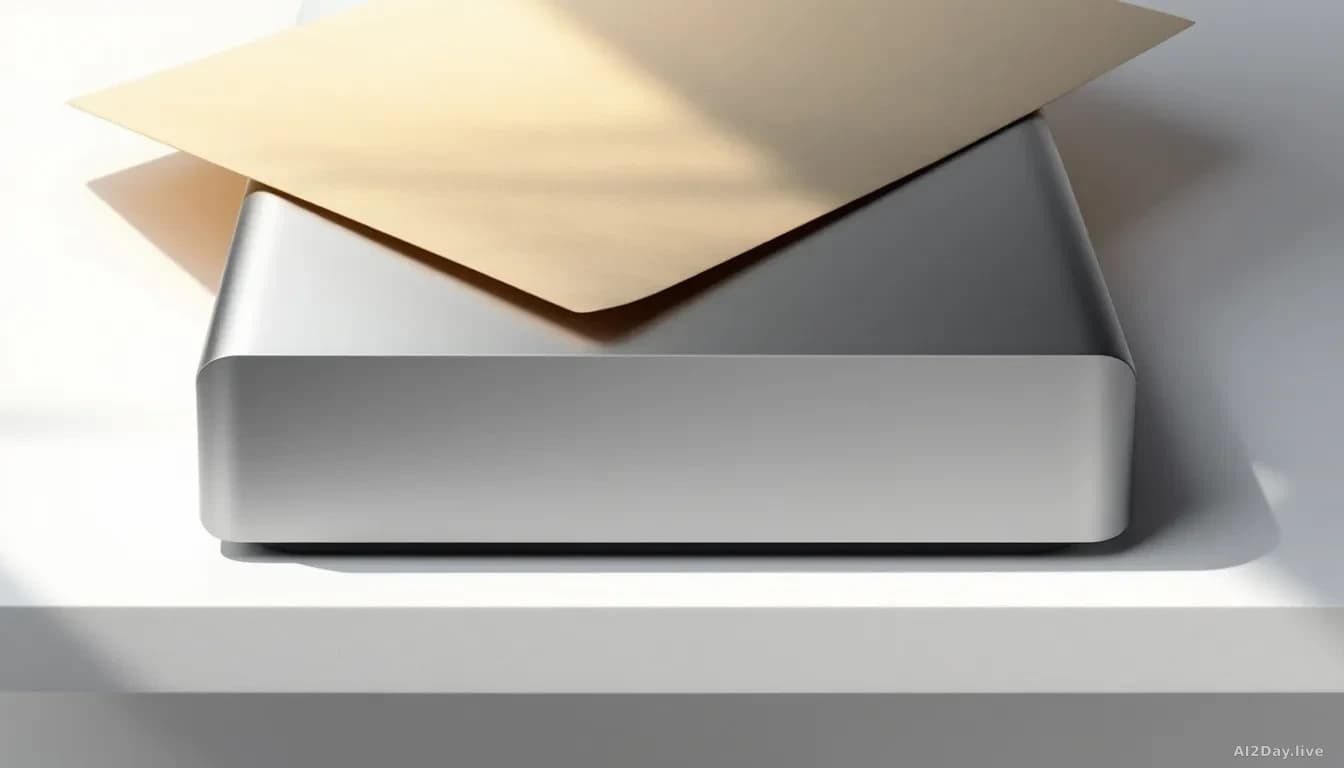 A polished aluminium hardware device sitting on a stark white surface, partially covered by a large manila legal envelope, shot from a slightly elevated angle i