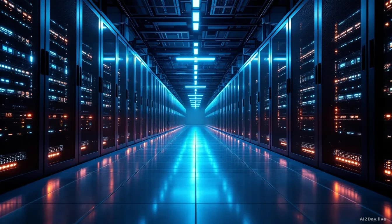 A vast, modern GPU data centre interior photographed at floor level, rows of illuminated server racks receding into the distance, cool blue and white light refl