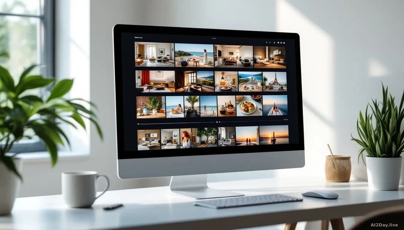 A sleek modern desktop monitor displaying a colourful, grid-style photo gallery interface with rows of lifestyle images including home interiors, food, and trav