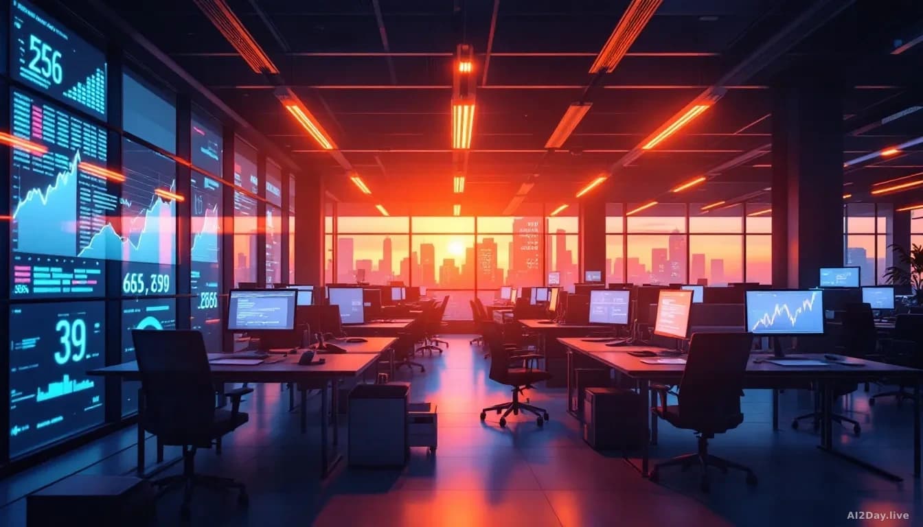 A wide-angle editorial photograph of a modern open-plan office at dusk, rows of glowing monitors showing lines of code and numerical dashboards, warm overhead l