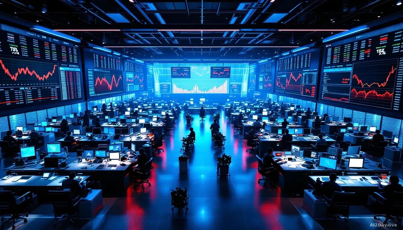 A wide 16:9 editorial photograph of a large modern stock trading floor seen from above, screens and monitors displaying falling red graph lines and percentage n