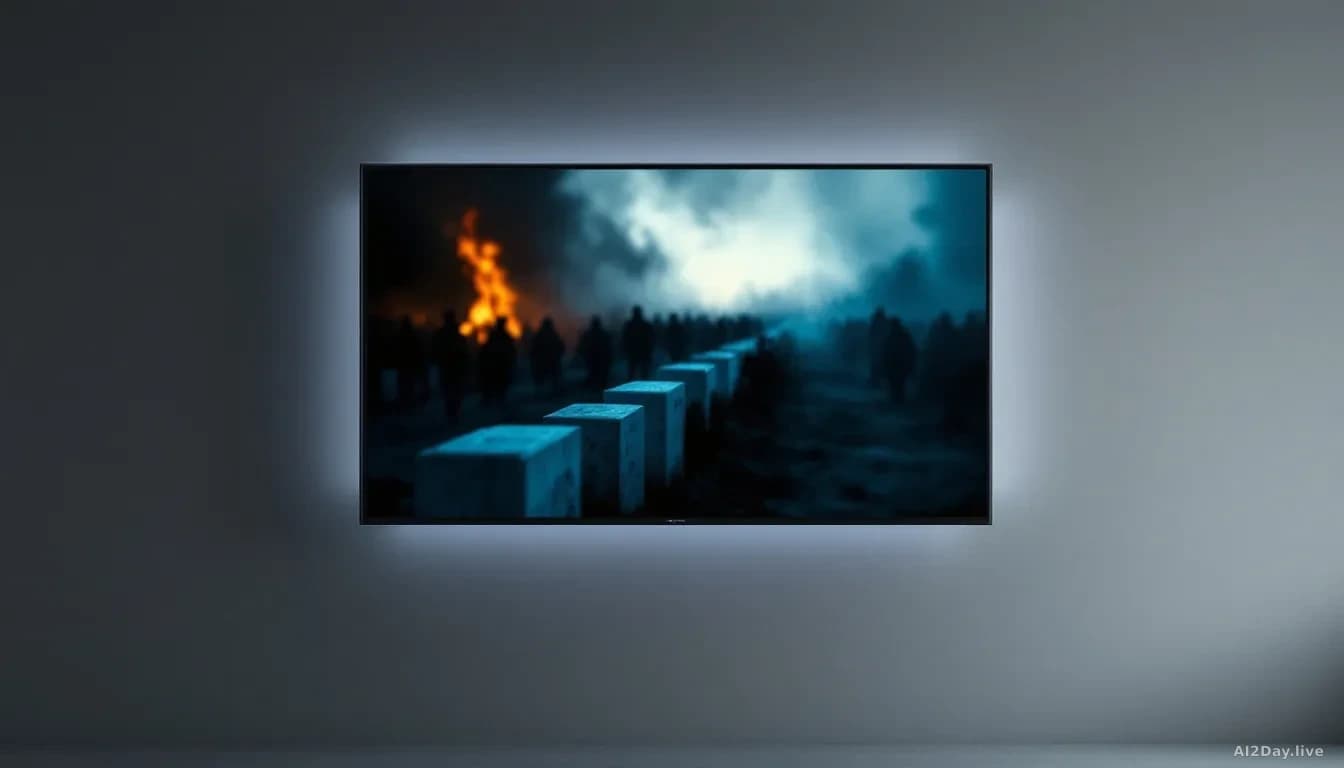 A large flat-screen television mounted on a plain grey wall displaying a dark, moody collage of abstract imagery: flickering orange light suggesting fire in the