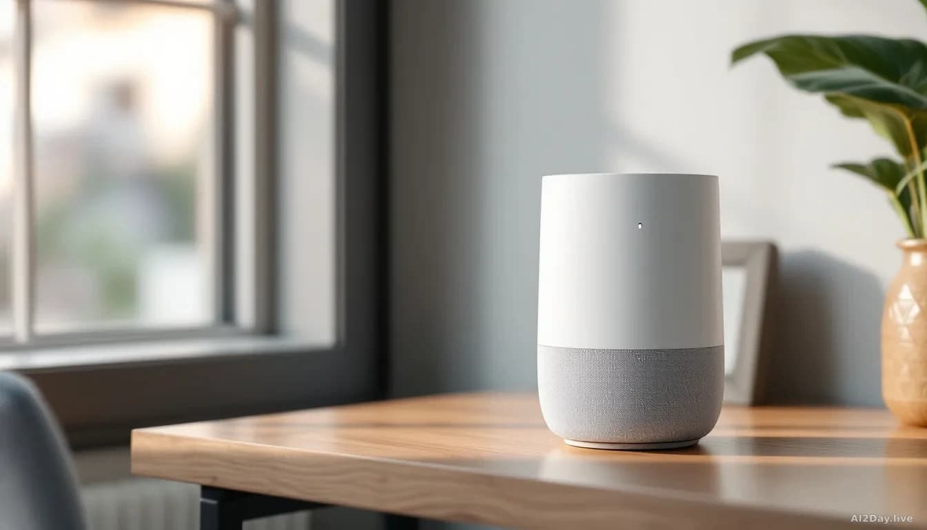 A sleek, small white cylindrical smart speaker sitting on a minimalist wooden desk near a window with soft natural light, a subtle camera lens visible on its bo