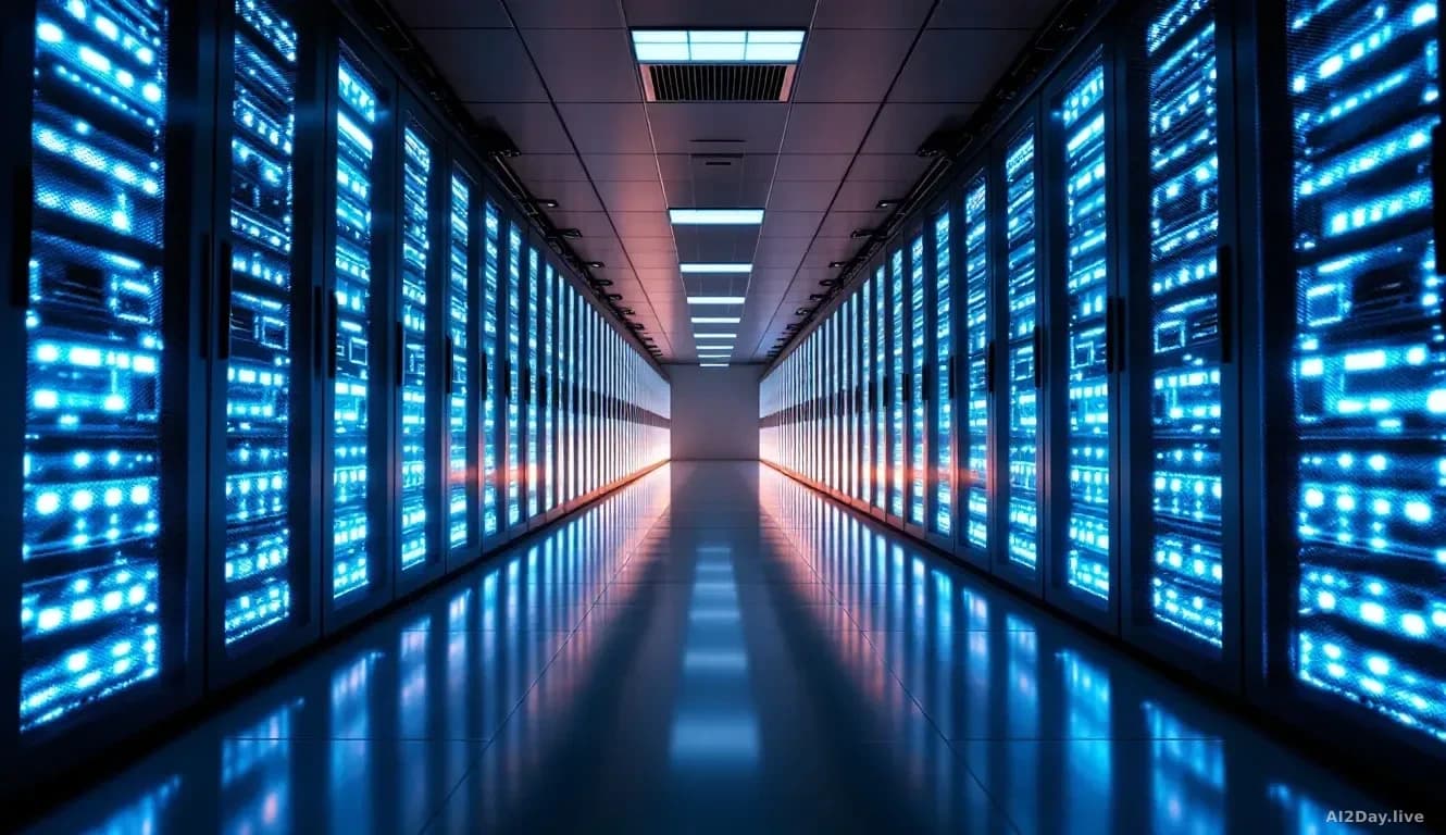 Rows of glowing server racks inside a large modern data centre, shot from floor level looking down a long corridor, cool blue and white lighting reflecting off 