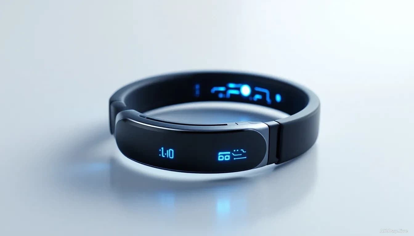 A sleek black and silver wearable headband resting on a clean white surface, with faint glowing blue circuit-like patterns subtly visible on the band's interior