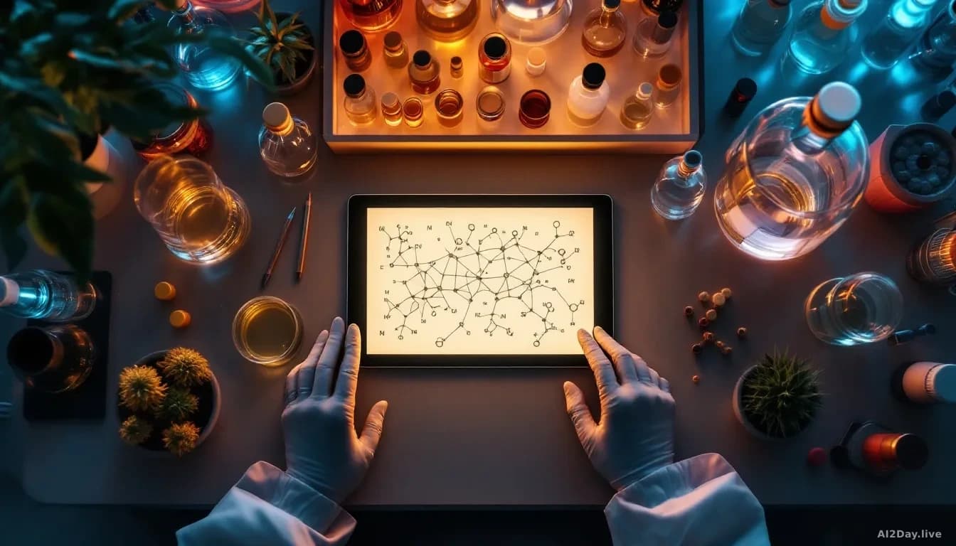 A top-down flat-lay view of a laboratory bench covered with glass vials, molecular model kits, and a glowing tablet screen displaying abstract network diagrams 