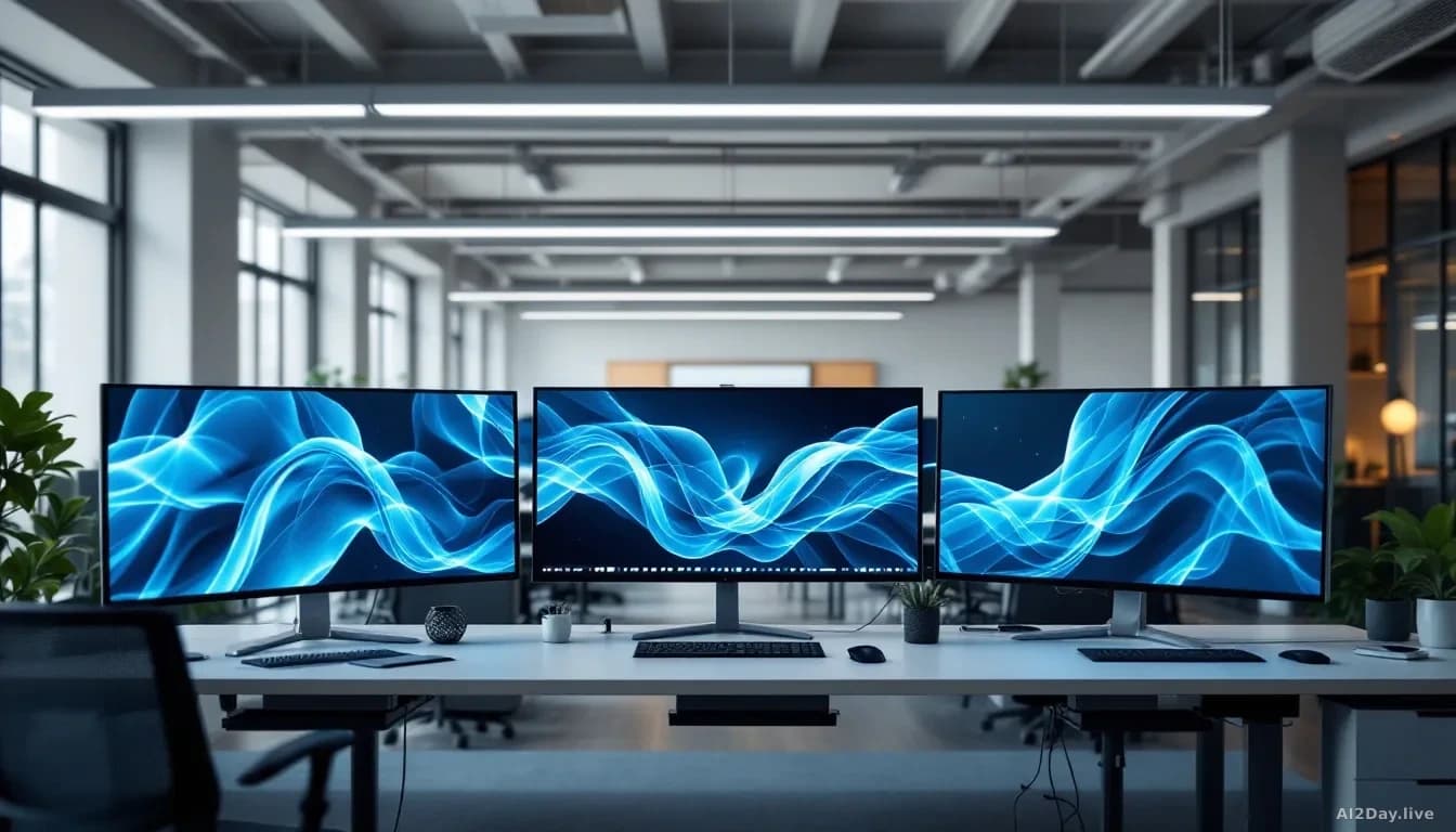A modern open-plan office interior photographed at eye level in natural daylight