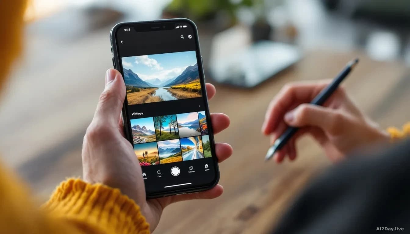 A smartphone screen showing the Reelful app in action, with a user selecting photos and videos from a camera roll