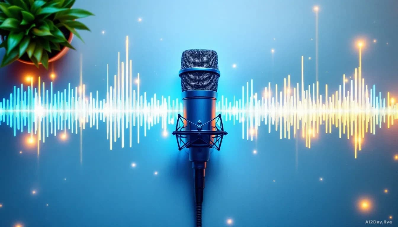 Close-up top-down view of a modern microphone resting on a pale desk surface, surrounded by abstract sound wave patterns rendered as soft glowing lines in blue 