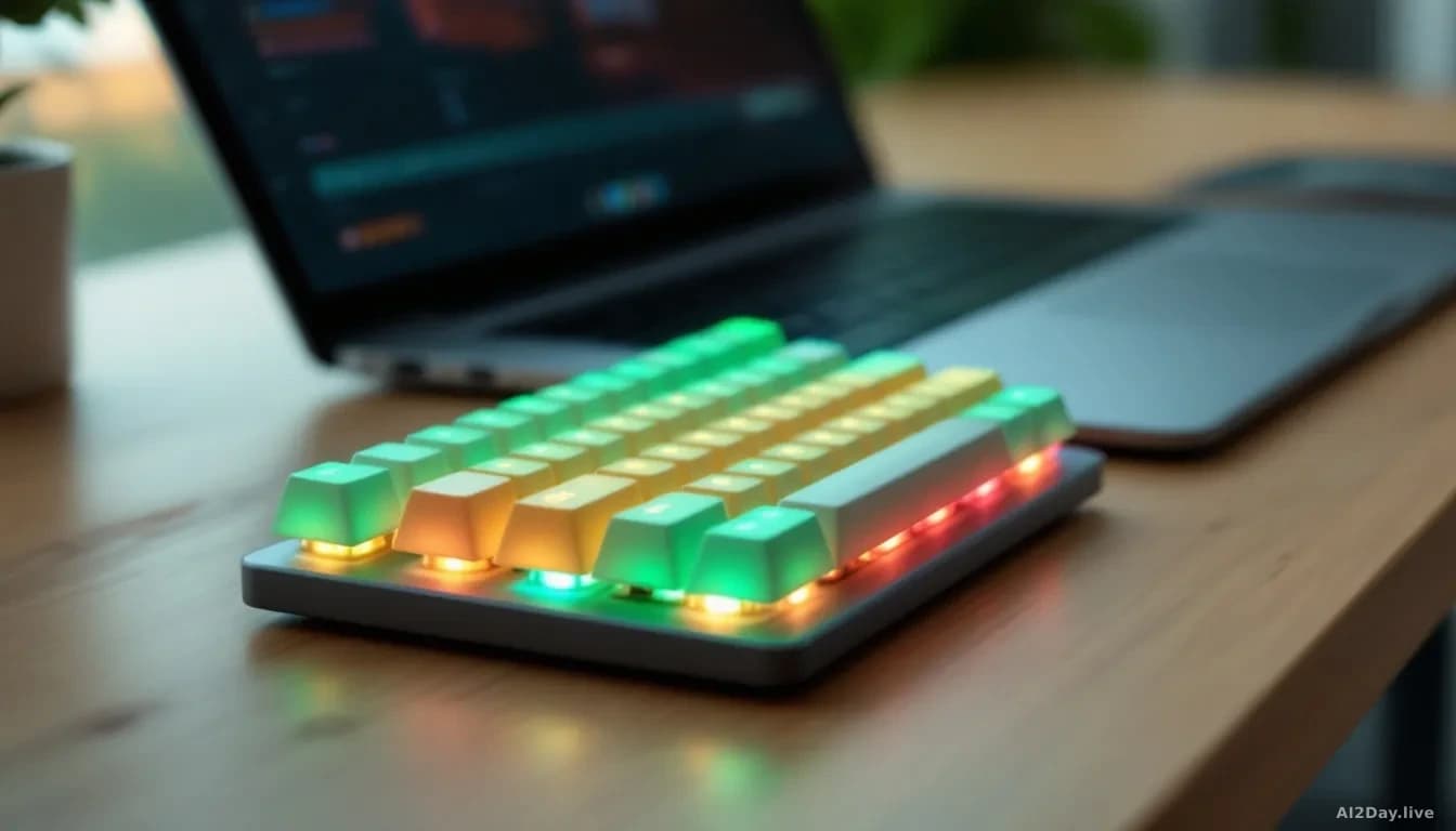 Close-up, 16:9, photoreal news-editorial photograph of a compact square mechanical keyboard pad with frosted translucent keys glowing in multiple colours, green