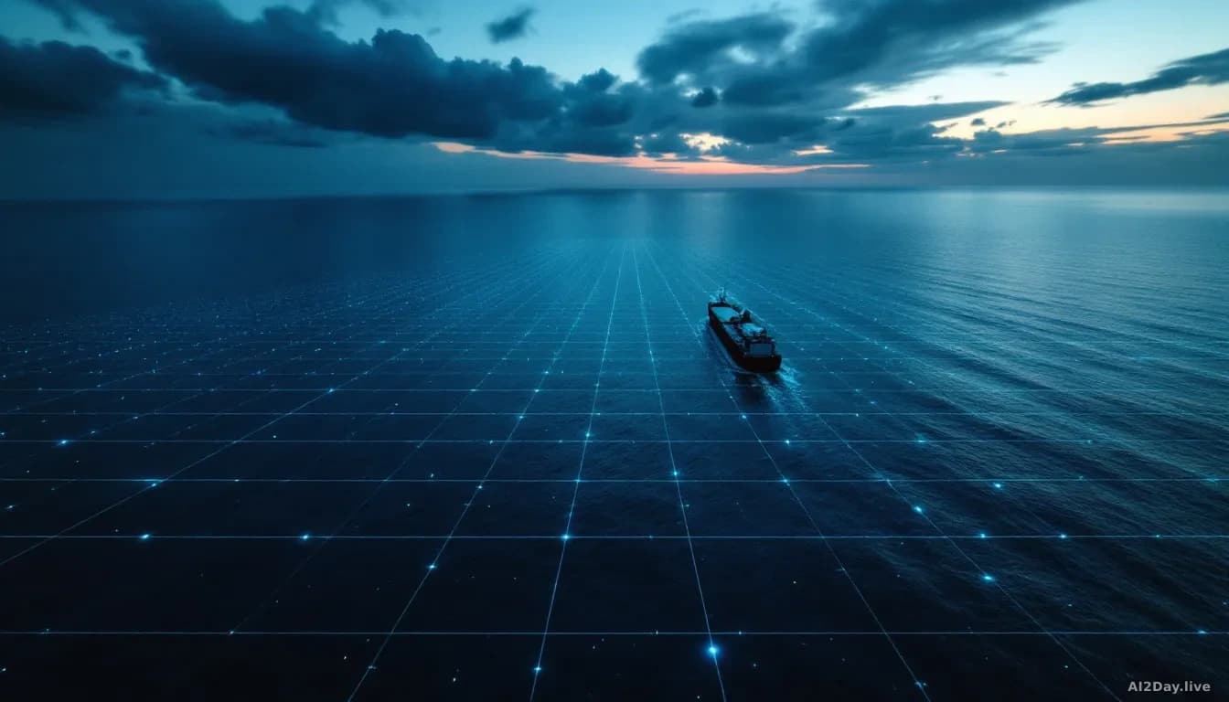 Aerial 16:9 photoreal news-editorial photograph of a vast deep-blue ocean surface at dusk, a single large cargo vessel visible in the distance, with faint glowi