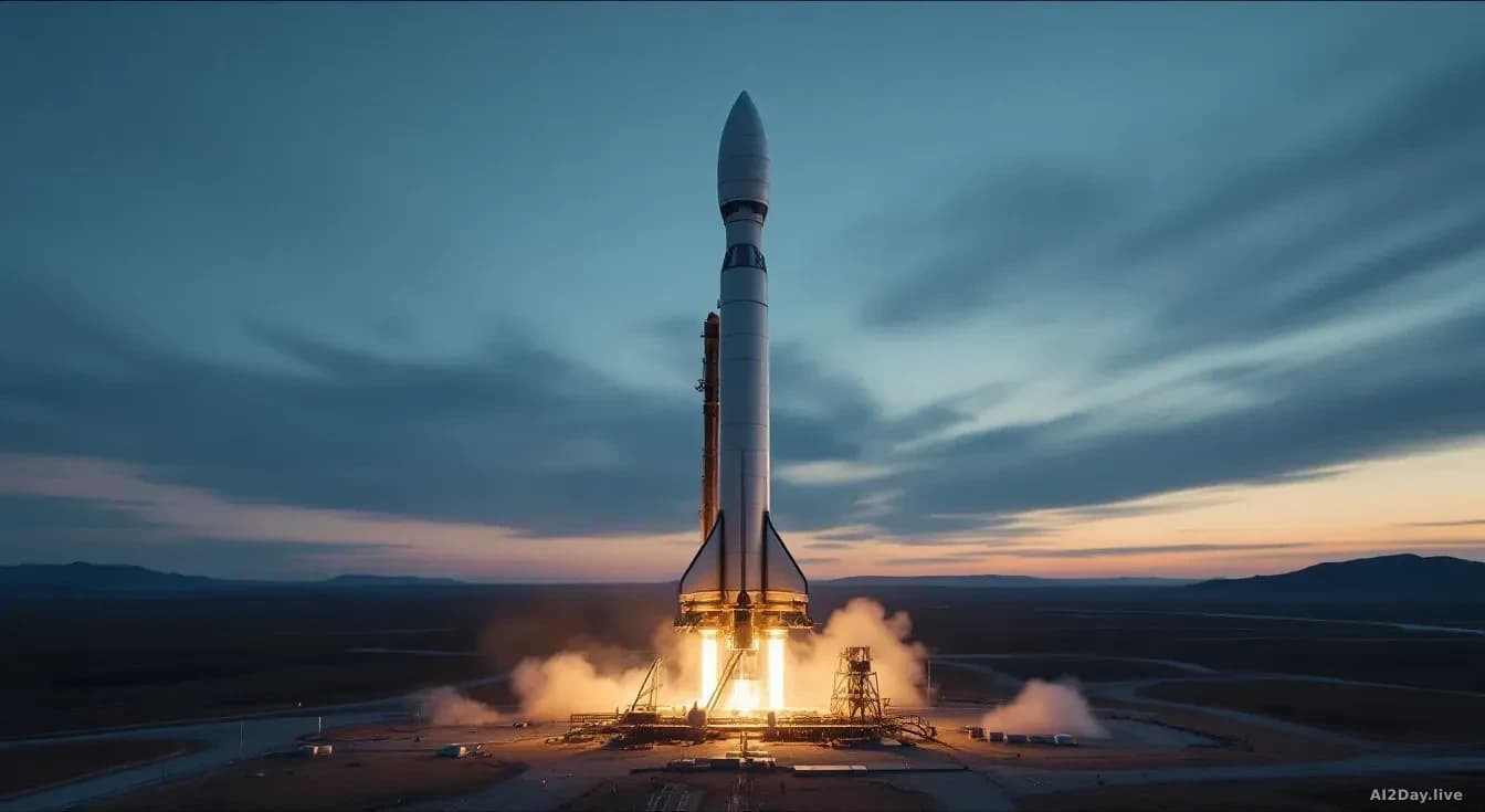 A large silver rocket standing on a launch pad at dusk, surrounded by steam venting from the base, vast open sky behind it, photoreal news-editorial style, 16:9
