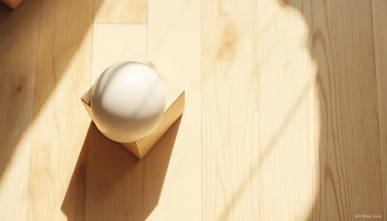 Close-up top-down view of a small wooden toy block and a soft rubber ball resting on a pale hardwood floor, warm natural window light casting gentle shadows, sh