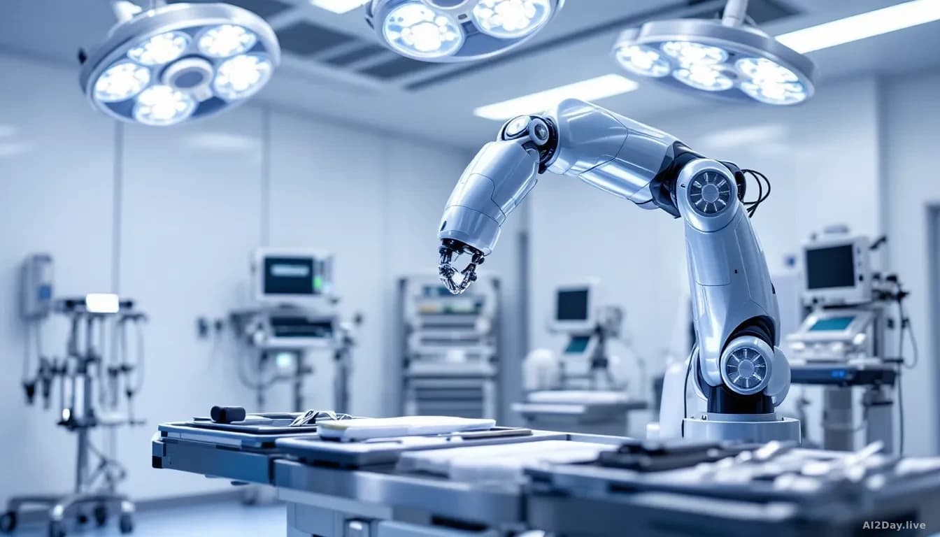A gleaming surgical robot arm in an empty, well-lit modern operating theatre, no people present, stainless steel instruments resting unused on a tray nearby, st