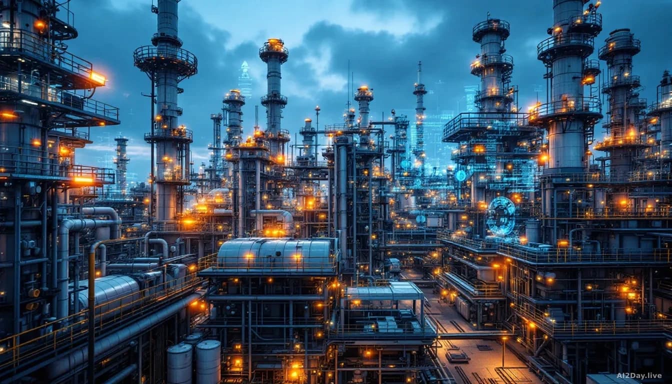 Modern oil refinery with digital data overlay, sensors and machinery in operation, photorealistic style, daytime