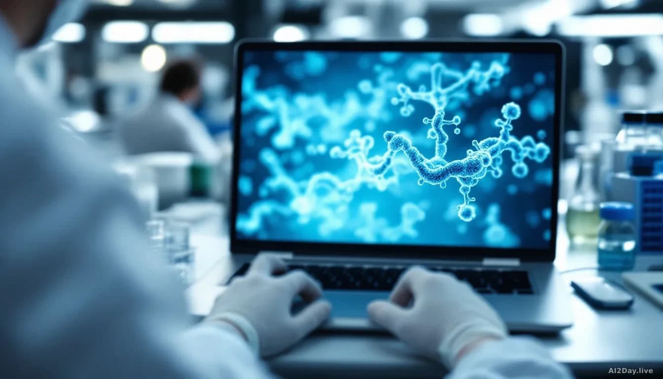 Full-frame overhead view of a modern biosecurity lab bench, gloved hands out of view, rows of clear sample vials in a rack next to a laptop screen showing an ab