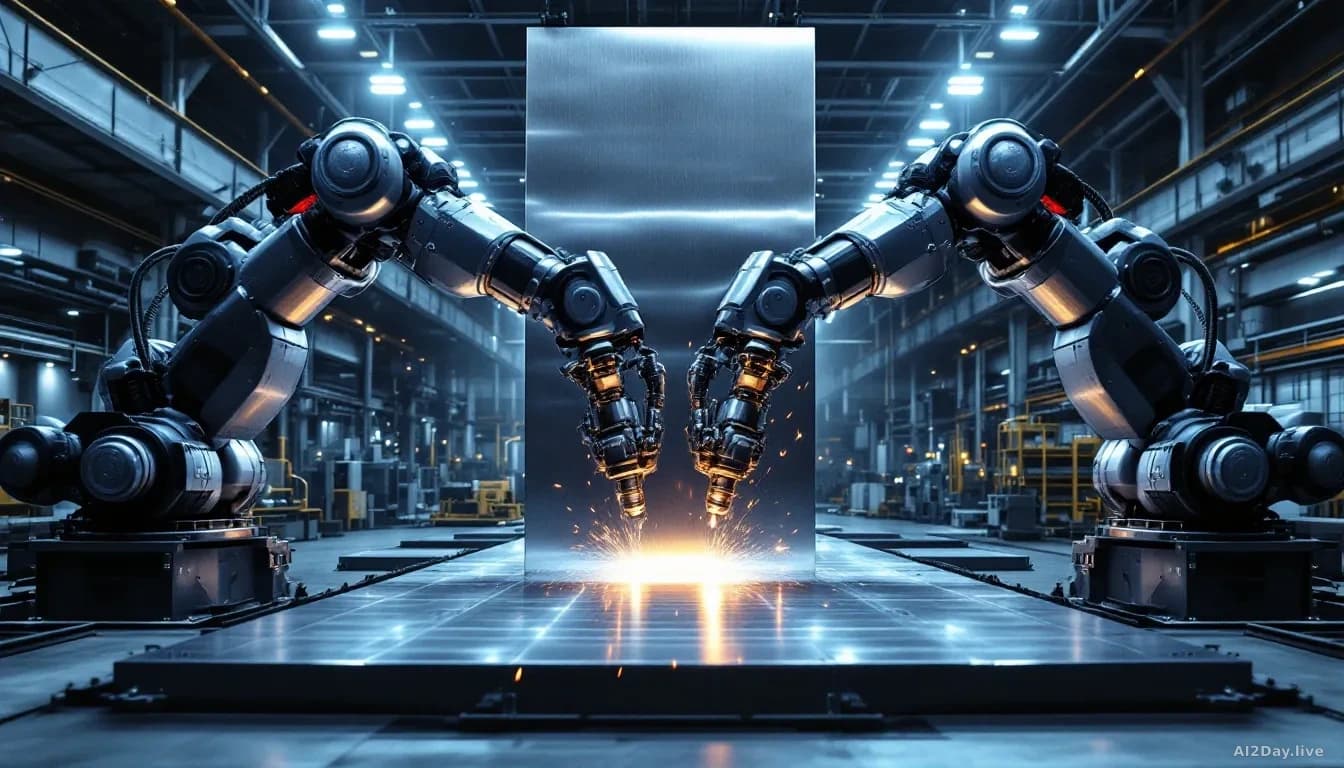 Two large industrial robot arms facing each other across a vertical sheet of gleaming titanium metal inside a vast modern factory, pressing and shaping the meta