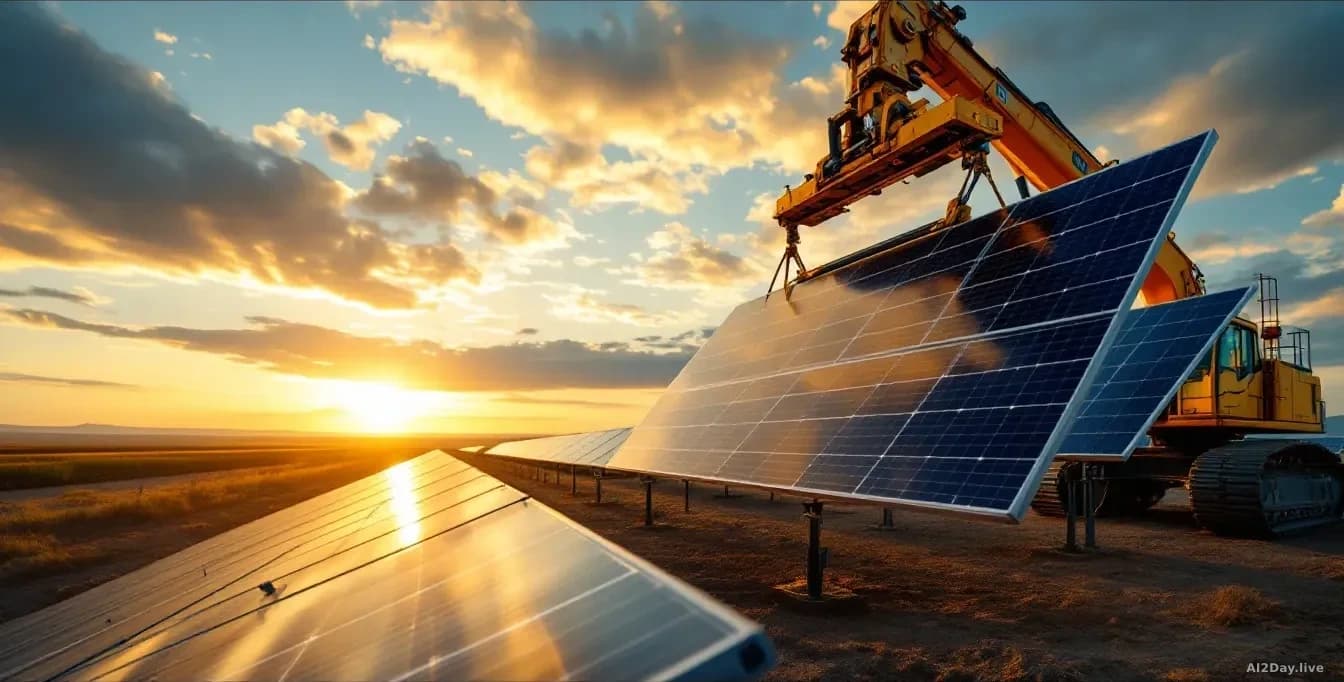 Photoreal news-editorial 16:9 photograph taken at golden hour on a vast flat utility-scale solar farm