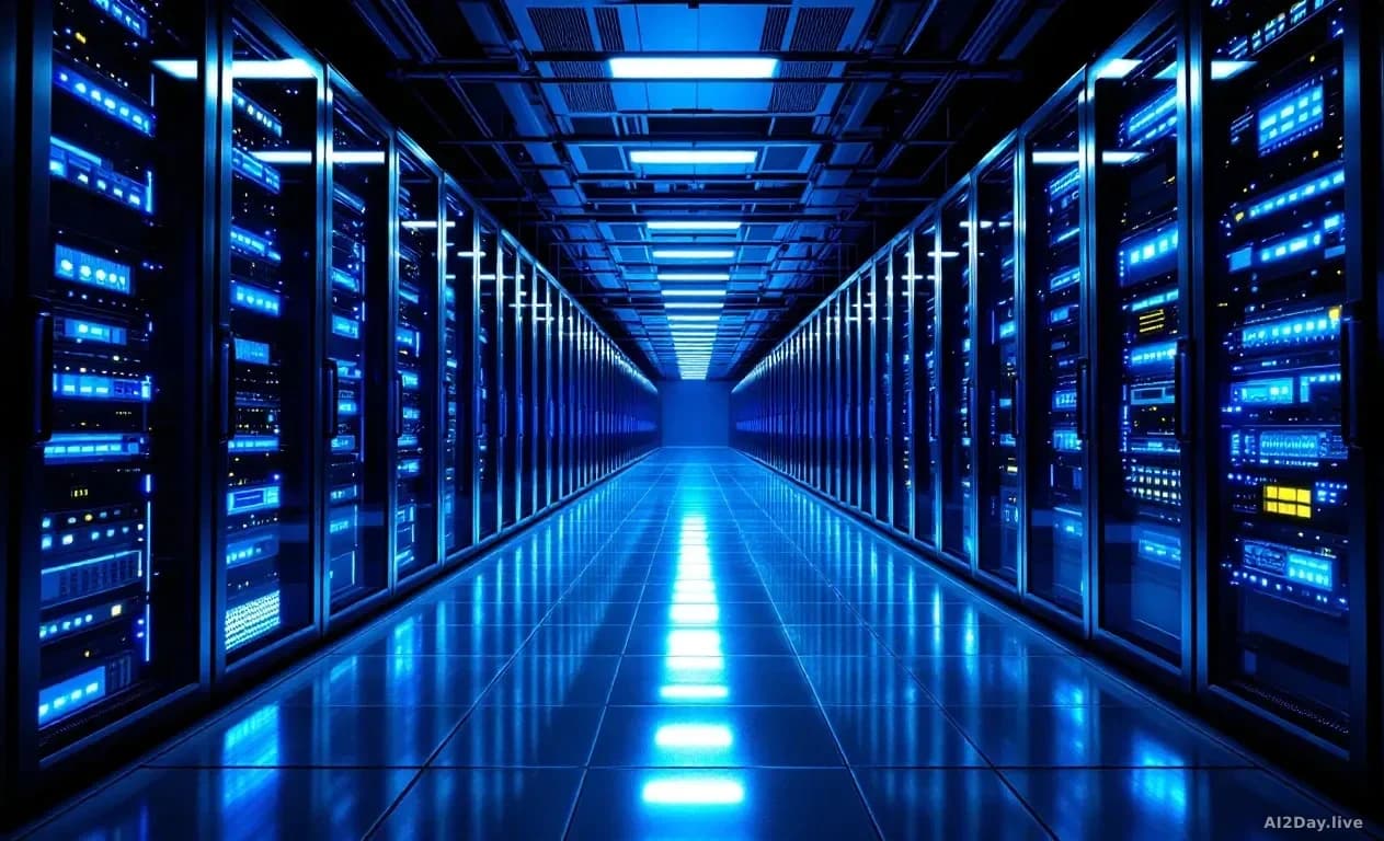 A vast server room filled with rows of illuminated blue and white rack-mounted computers stretching into the distance, cool dramatic lighting reflecting off pol