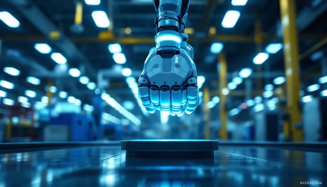 A modern industrial robot arm frozen mid-motion on a factory floor, surrounded by soft blue ambient light from overhead panels, shot from a low angle looking up