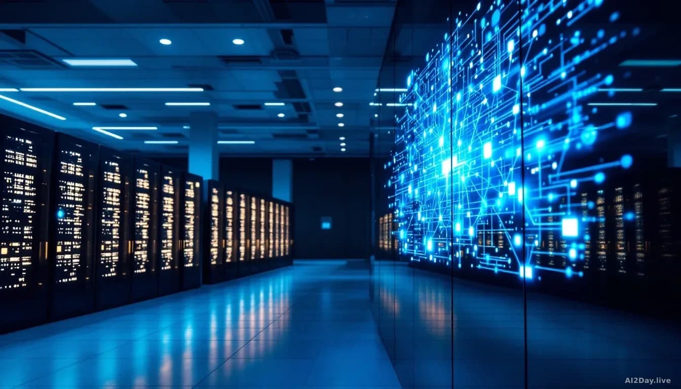 A close-up, photoreal, news-editorial style shot of a large glowing neural network diagram projected onto a dark glass wall inside a modern research lab, with r