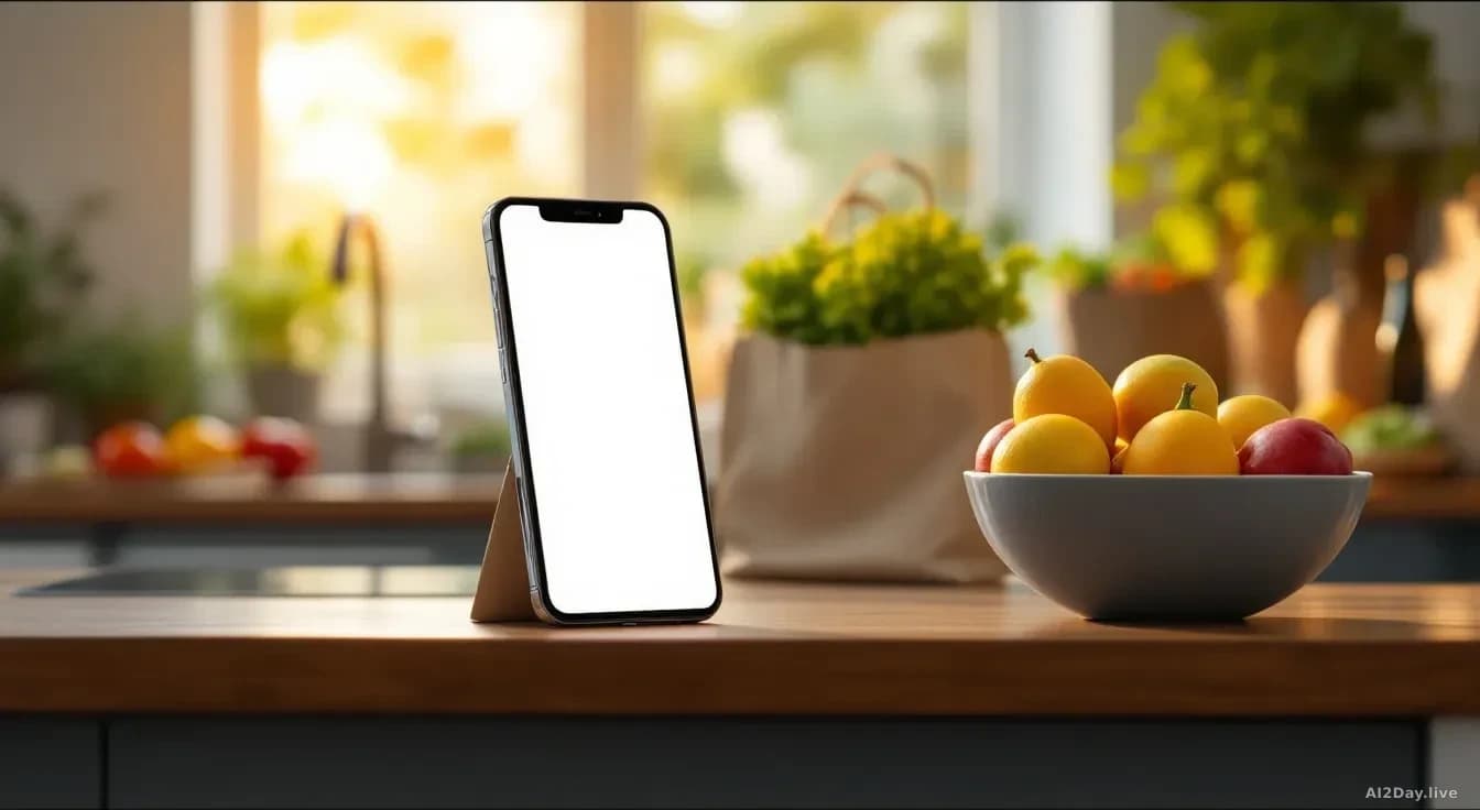Photoreal editorial shot of a kitchen counter at golden hour with a smartphone propped against a fruit bowl, screen glowing with a generic clean chat interface,