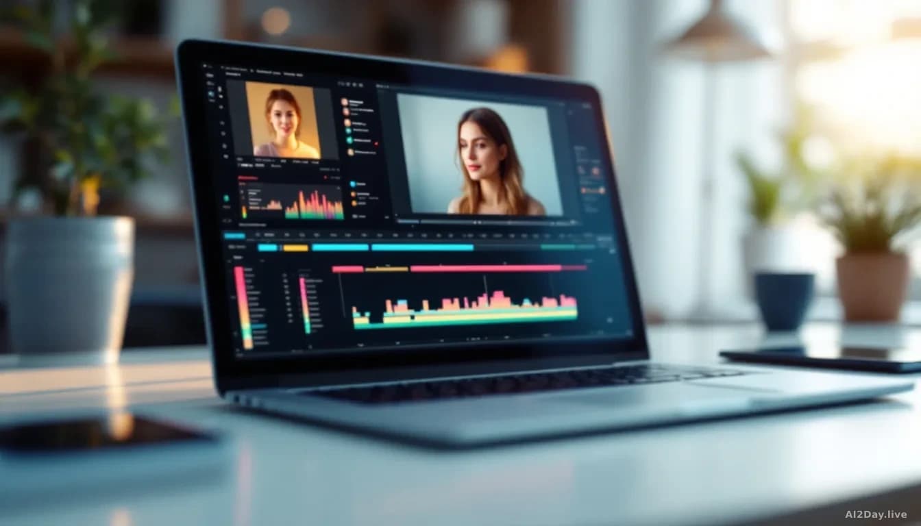 Photoreal editorial shot of a modern laptop on a bright desk, screen glowing with an abstract video editing timeline and a soft blurred portrait thumbnail sugge