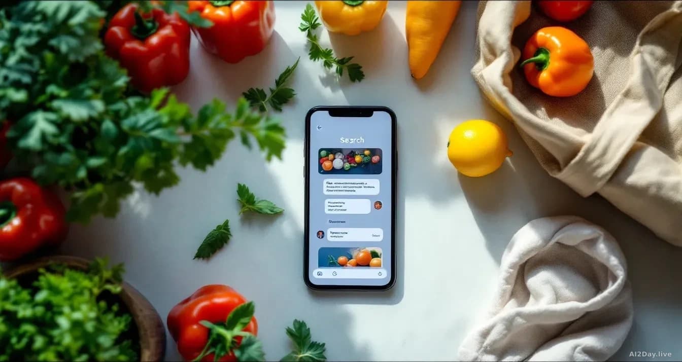 A close-up, top-down view of a smartphone lying on a bright kitchen countertop, its screen glowing with a chat-style search interface, surrounded by fresh veget