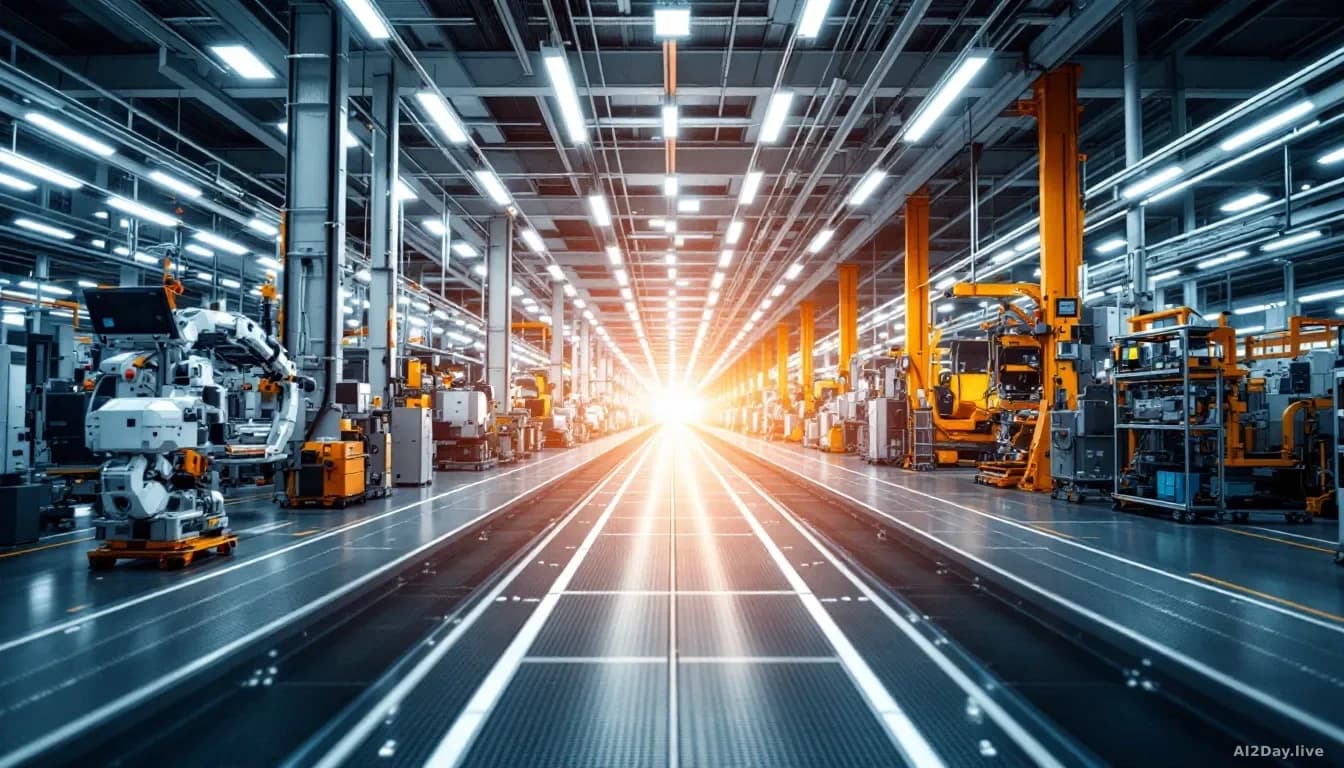 Photoreal news-editorial 16:9 image of a large modern automotive factory floor shot from a low angle, showing rows of industrial machinery and assembly equipmen