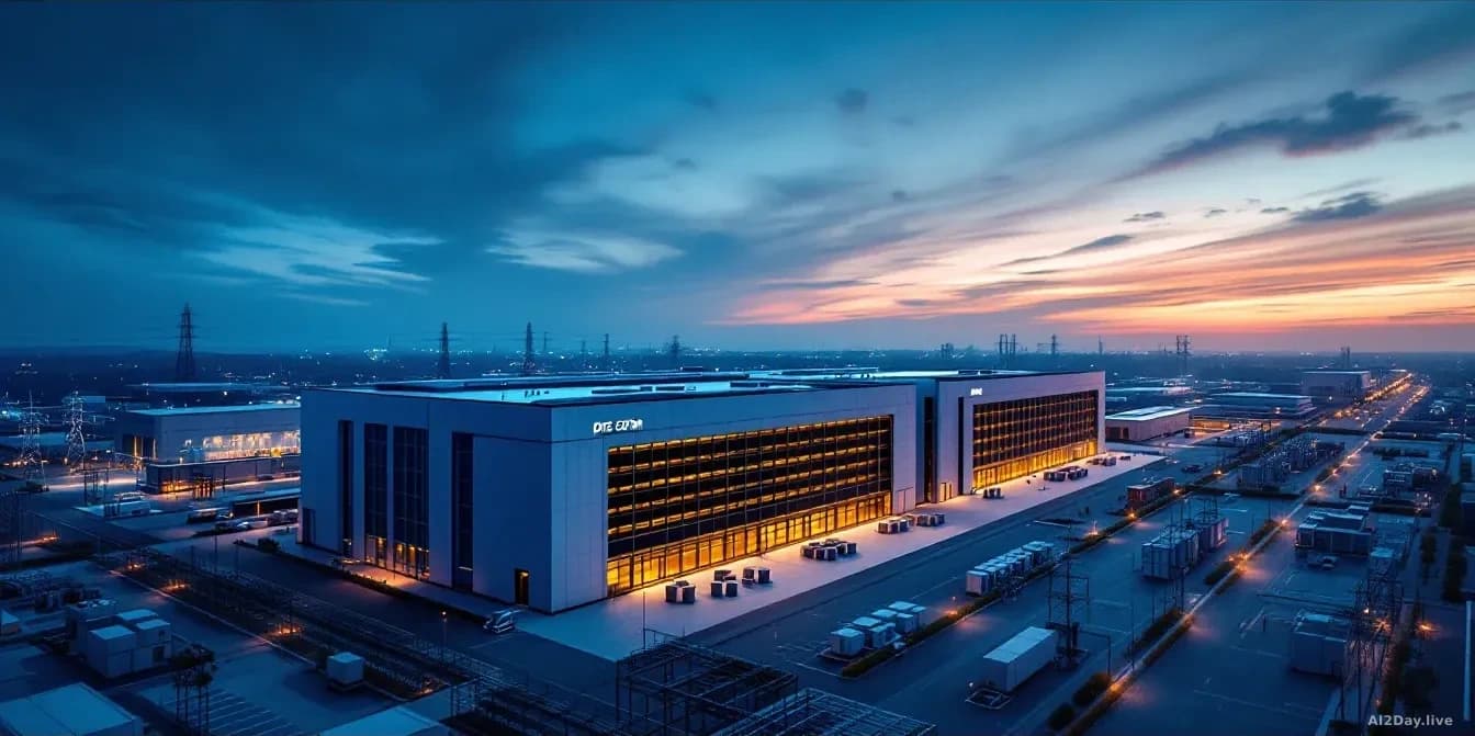 Aerial editorial photograph of a large modern data centre building at dusk, surrounded by cooling infrastructure and power substations, warm amber light spillin