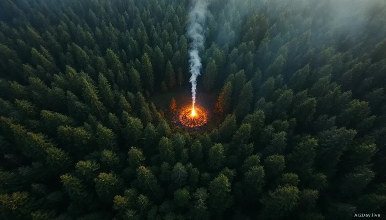 Aerial editorial photograph, 16:9 framing, top-down view of a vast dark green forest landscape at dawn with a single bright orange fire ignition point glowing n