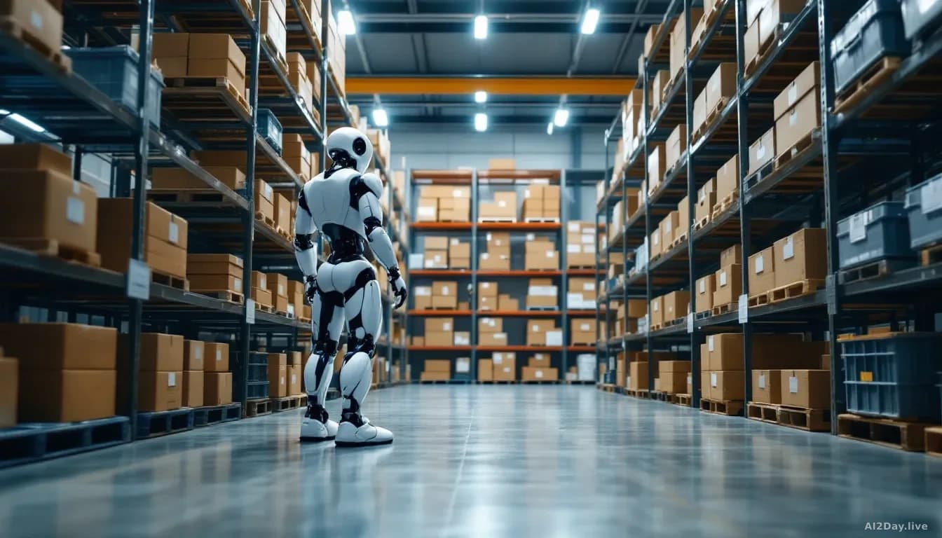 A sleek white humanoid robot stands in a large, brightly lit modern warehouse, surrounded by rows of shelving stacked with brown cardboard totes and plastic bin