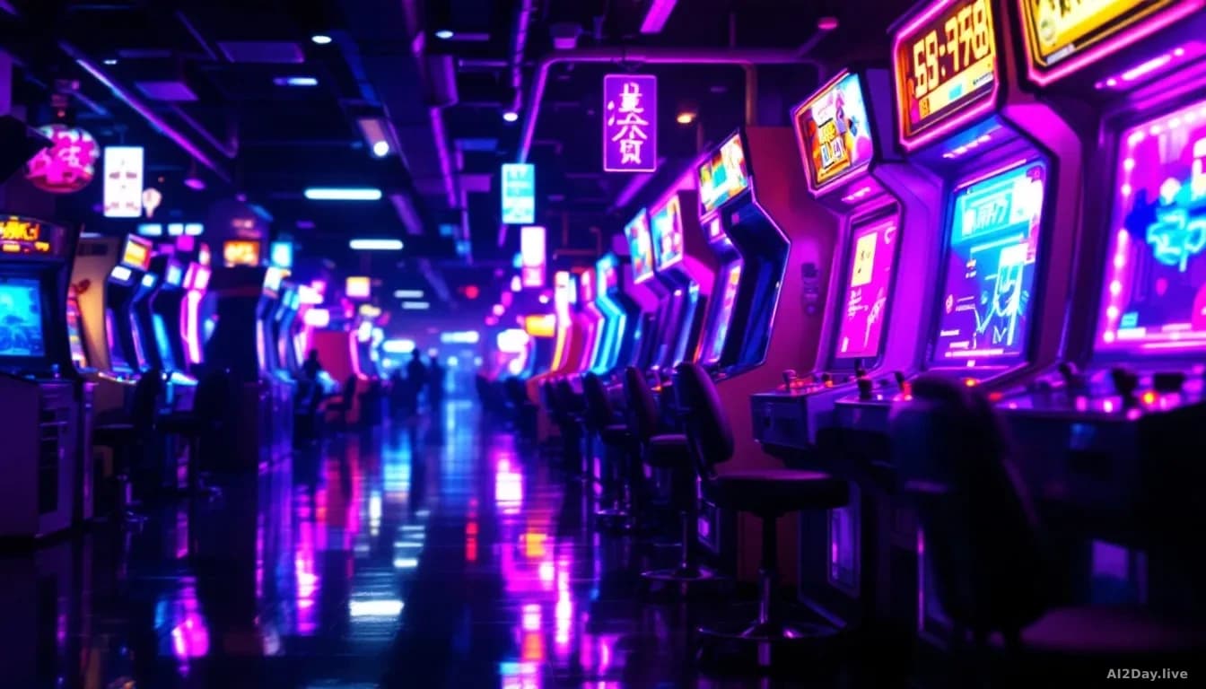 Photoreal news-editorial photograph, 16:9 framing, a glowing arcade cabinet in a dimly lit Tokyo game centre at night, neon light reflections on polished floors