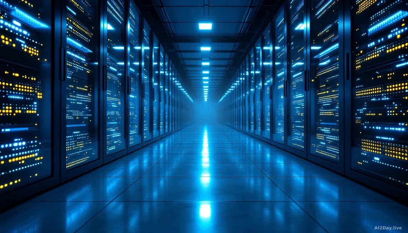 Photoreal editorial shot of a sleek modern data centre corridor at night, rows of server racks glowing with soft blue and amber light, faint reflections on poli