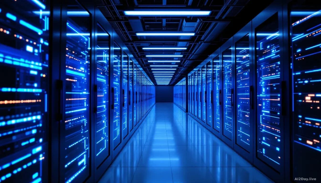 A sleek array of glowing server racks in a modern data centre, cool blue and white light reflecting off polished metal surfaces, shot from a low angle looking u