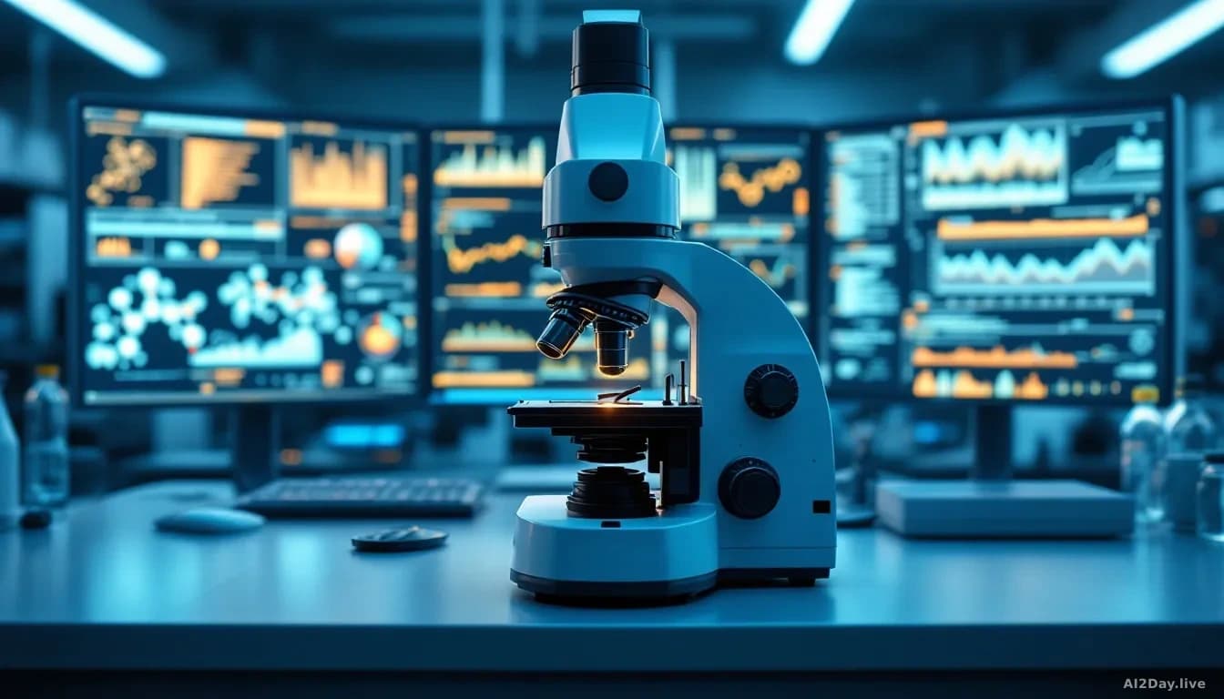 Photoreal editorial shot of a modern scientific research laboratory with an electron microscope in the foreground, soft blue and warm white lighting, glowing co