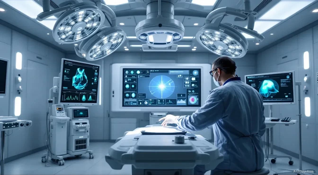An advanced operating room with high-tech AI equipment, showcasing Medtronic's Touch Surgery Aide in action, featuring screens displaying real-time surgical dat