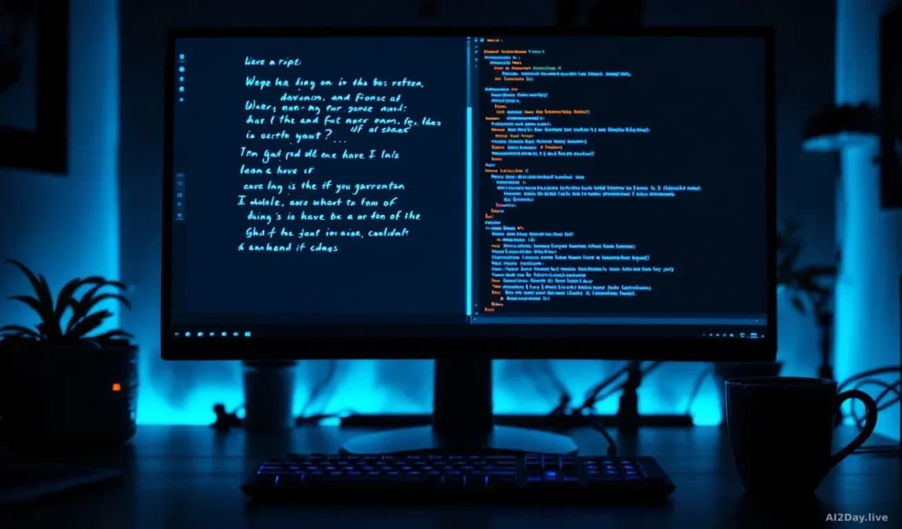 A gaming PC workstation glowing with a soft blue monitor light in a dim room, the screen showing a split image: one half a tidy written script with handwritten 