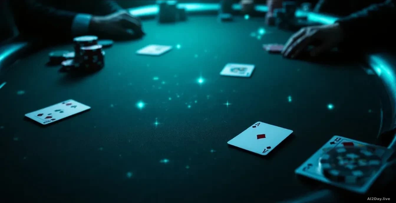 A dark poker table lit from above, cards and chips in sharp focus, a faint translucent data overlay hovering over the felt, moody green and cyan tones, photogra