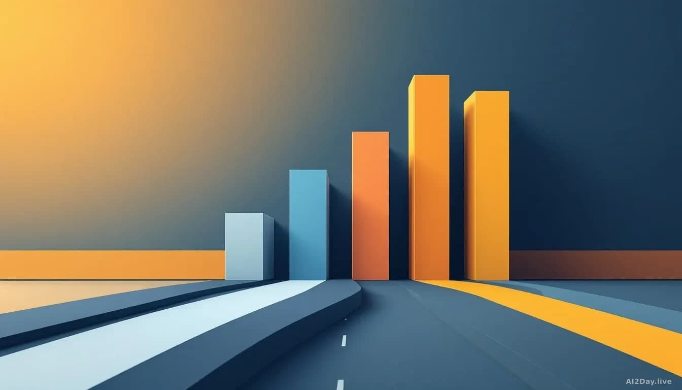 Abstract minimalist bar chart showing a dramatic jump from a single small bar to six taller bars, rendered as stylised road lanes converging, muted editorial pa