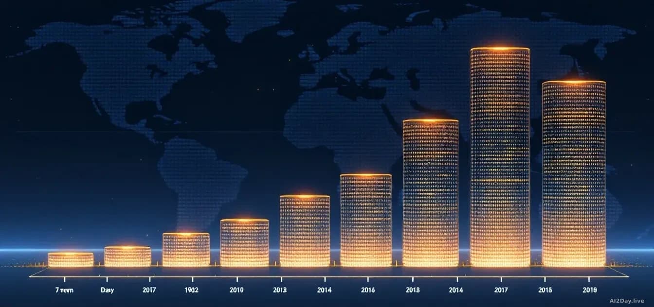 Abstract chart illustration: a flat baseline for seven days with a single small dot, then a steep vertical climb to six clustered dots, rendered as glowing serv