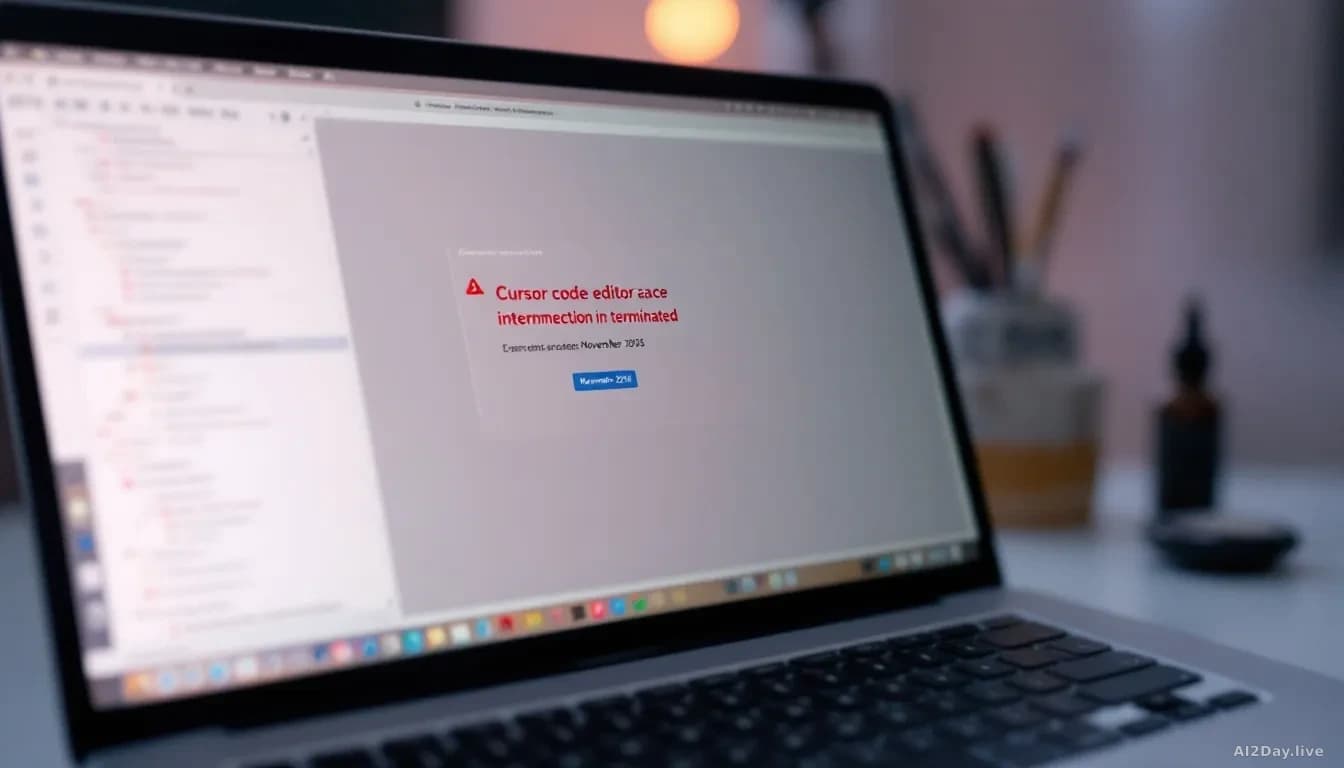 A laptop screen showing Cursor code editor interface being disconnected or terminated, with an error notification and access revocation message dated November 2