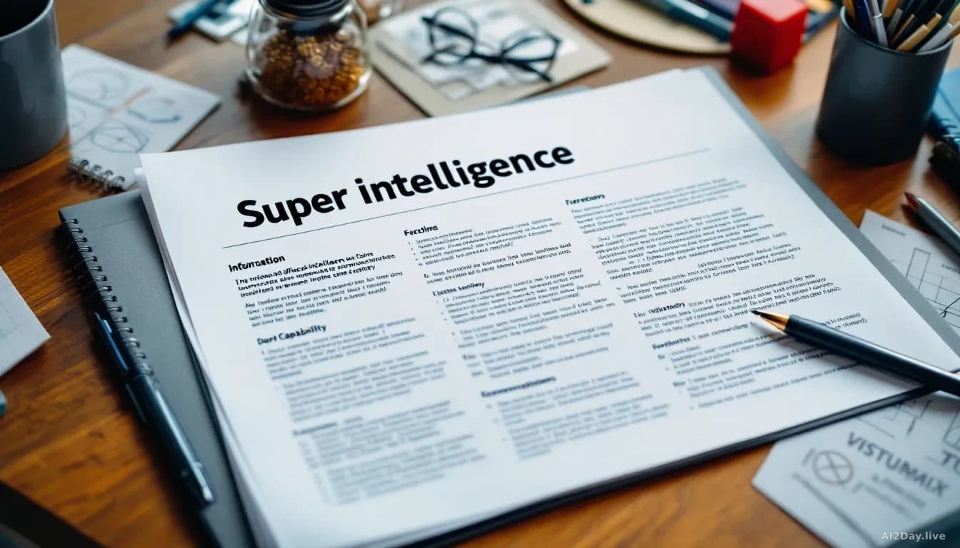 An open academic research paper on superintelligence displayed on a desk, surrounded by notes and theoretical diagrams exploring artificial intelligence concept