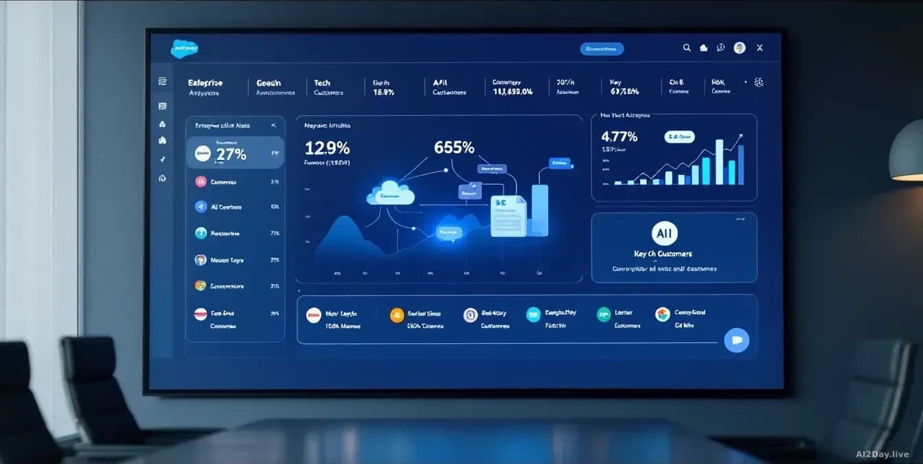 A Salesforce analytics dashboard displayed on a large conference room screen, showing enterprise data flowing into AI systems while major tech companies appear 