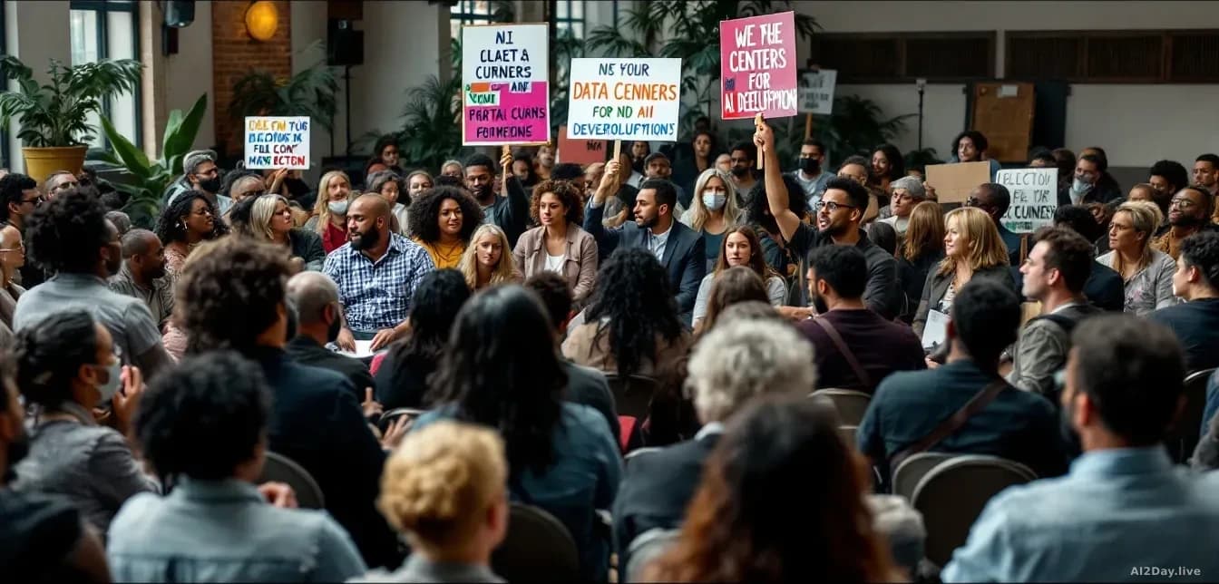 A diverse community town hall or public gathering with residents discussing concerns about data centers and AI development, with protest signs and ballot initia