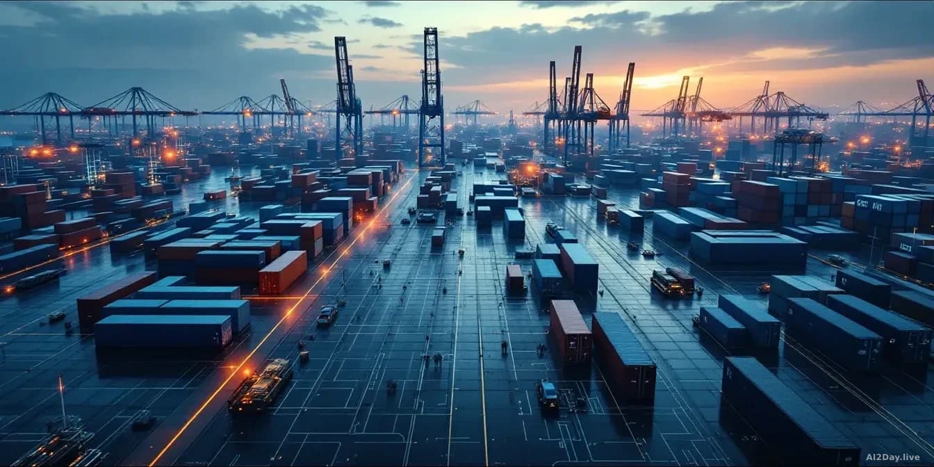 A large semiconductor manufacturing facility with international shipping containers, overshadowed by a symbolic barrier or checkpoint representing export restri