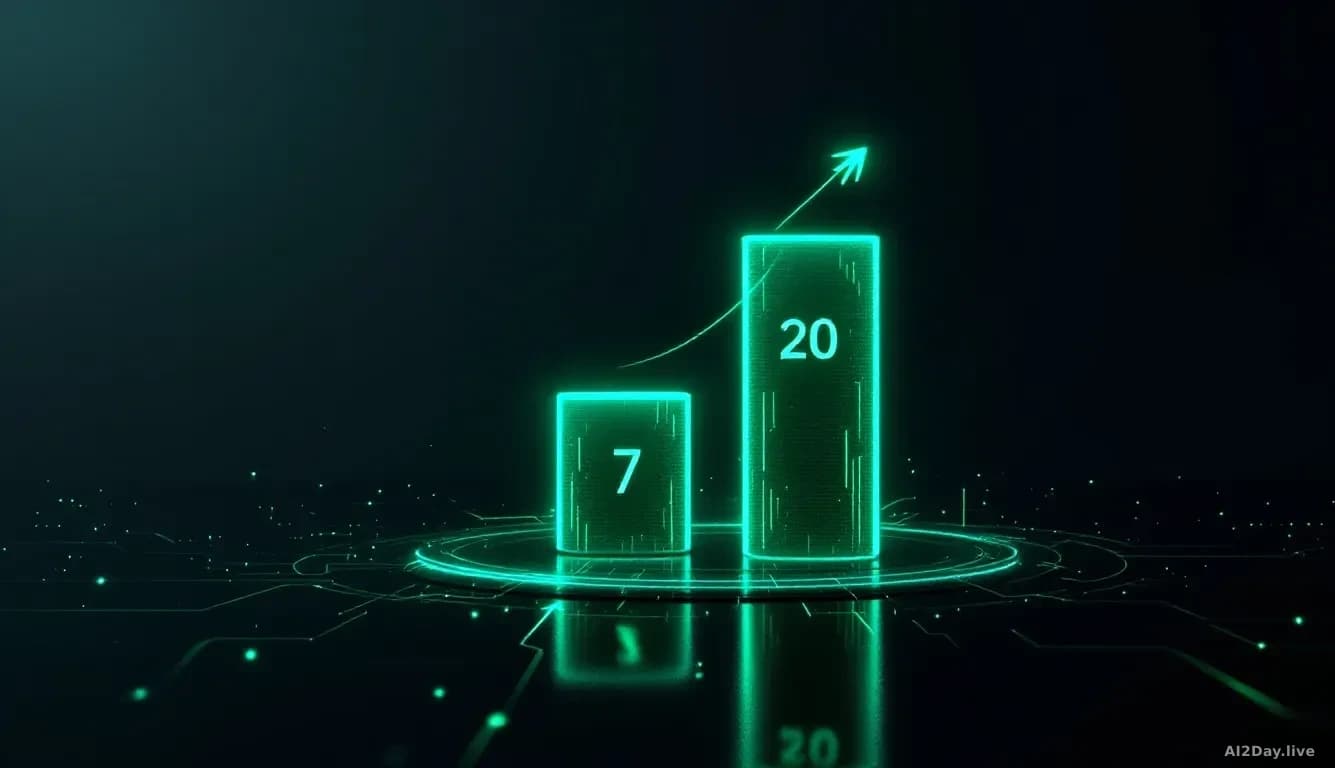 Abstract bar chart with two bars, a short one labelled 7 and a tall one labelled 20, rendered as glowing green circuit traces on a dark background, with faint a