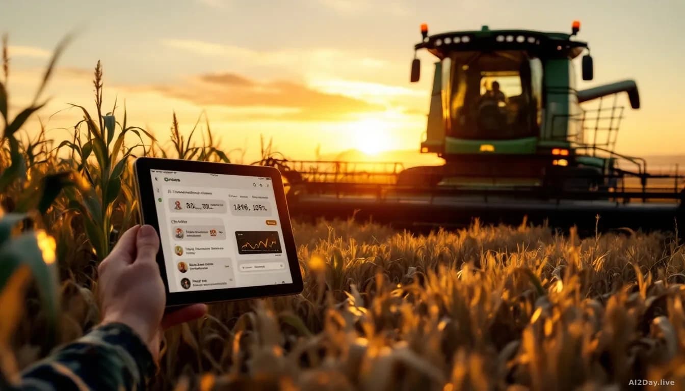 A combine harvester in a corn field at sunset, with a farmer's tablet displaying John Deere Operations Center interface showing AI chatbot conversation about cr