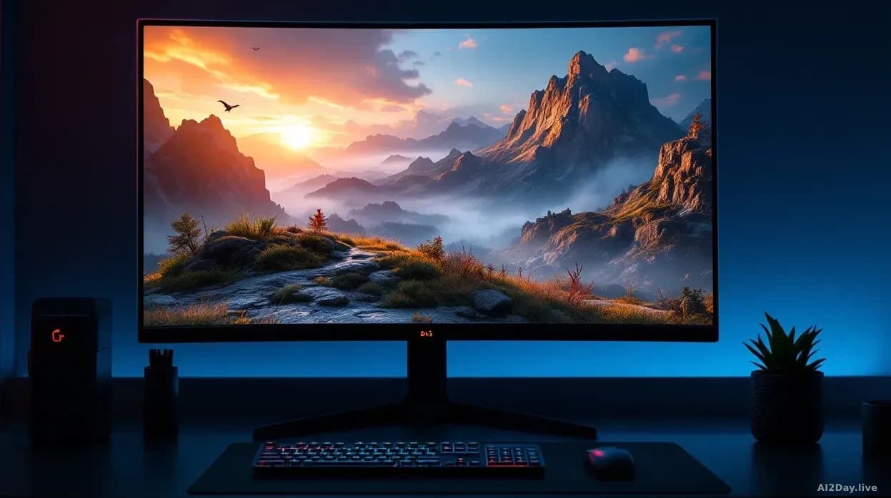 Illustration: A gaming PC setup with a monitor displaying a single game running with DLSS 5 graphics technology active