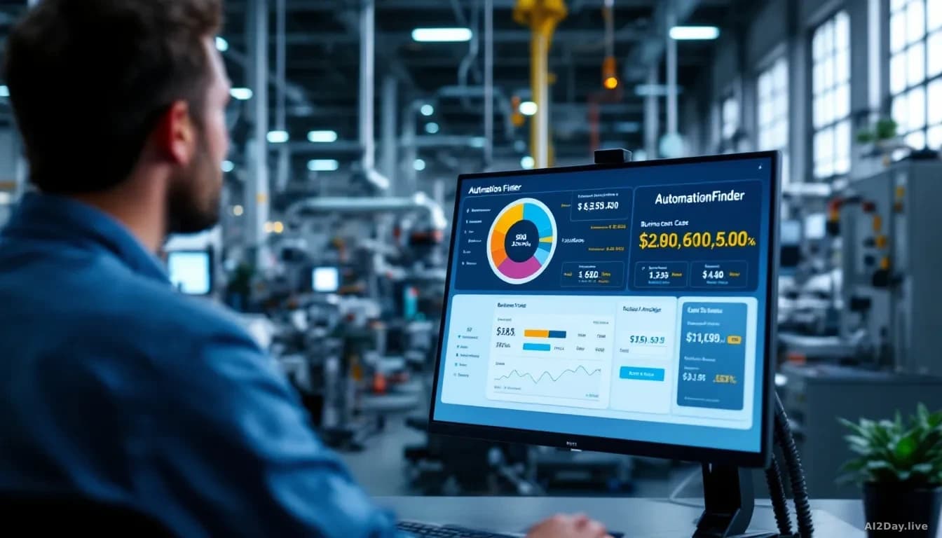 An Australian manufacturing facility with automation equipment, a computer terminal displaying AutomationFinder platform interface with business case calculatio